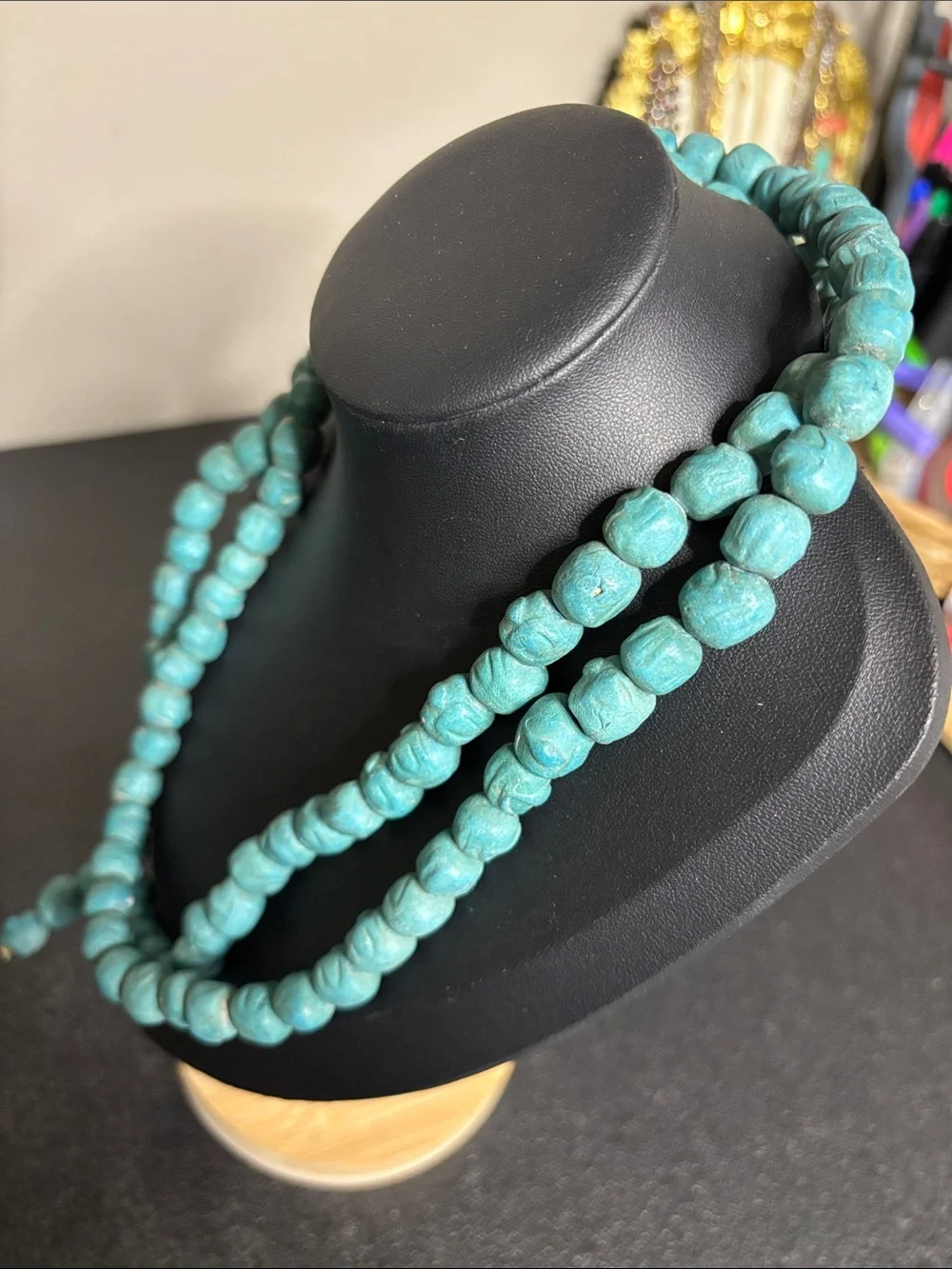 Southwestern Carved Ceramic Turquoise Beaded Long Bead Strand Necklace Unique
